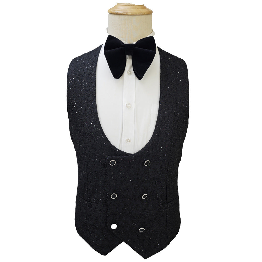 Ensemble de costume noir brillant pour homme, 3 pièces, costumes de mariage en dentelle pour garçons d'honneur