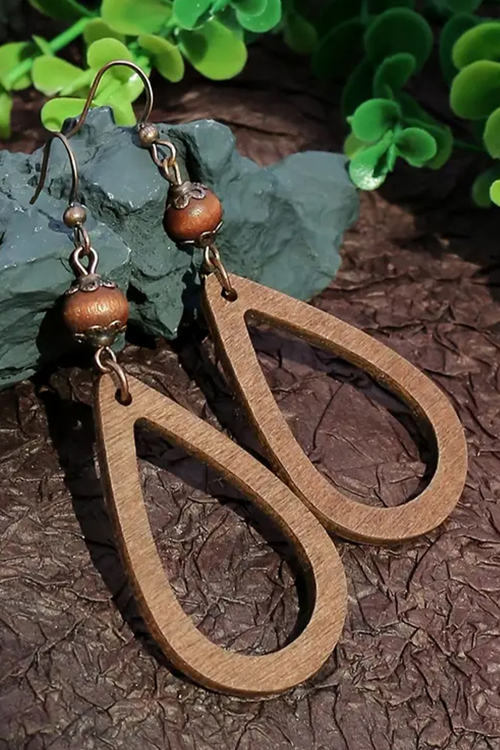 Boucles d'oreilles en forme de goutte d'eau en bois vintage marron