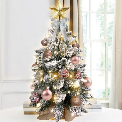 Mini arbre de Noël en or rose avec lumières, neige flocée | décor exquis et décorations de Noël