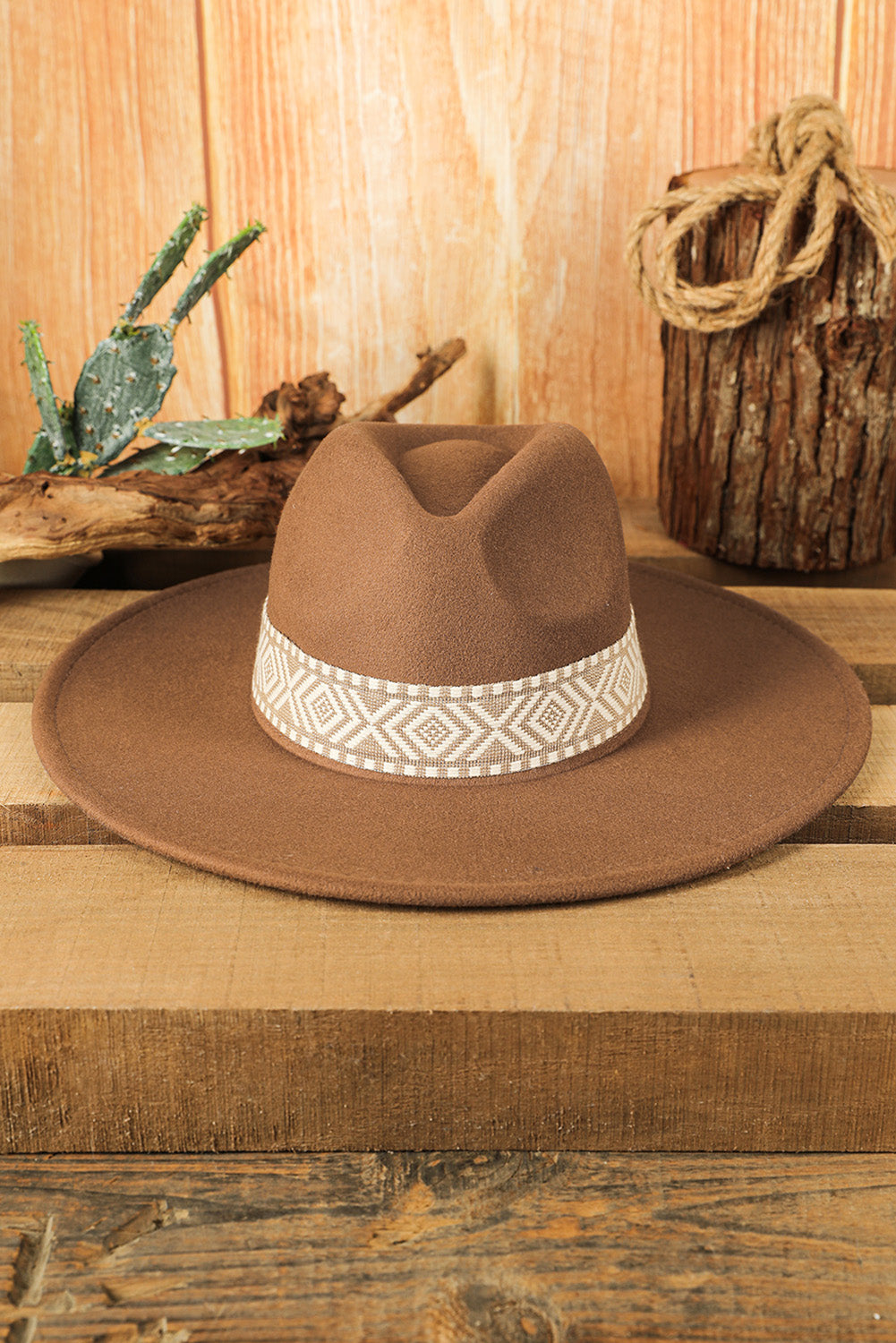 Chapeau de cow-boy tissé à bord plat, patchwork western marron