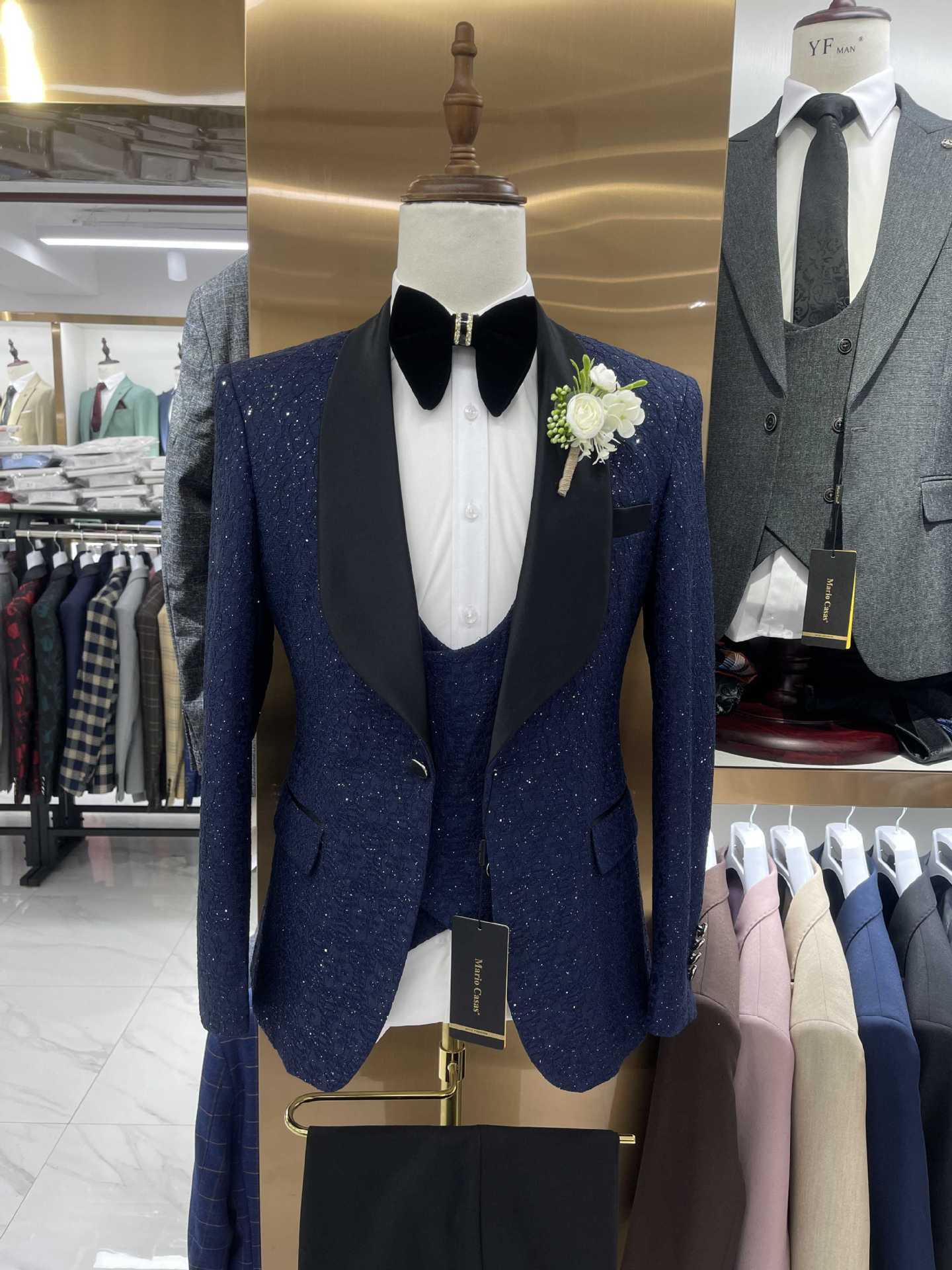 Ensemble de costume noir brillant pour homme, 3 pièces, costumes de mariage en dentelle pour garçons d'honneur