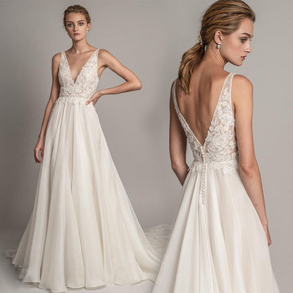 Robe longue en dentelle à col en V profond pour femme, robe de mariée simple en pelouse