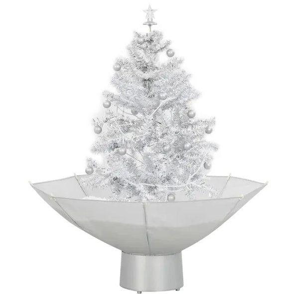 Décoration de noël. Arbre de Noël neigeux avec base de parapluie blanc