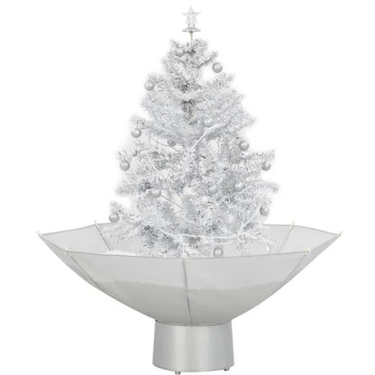 Décoration de noël. Arbre de Noël neigeux avec base de parapluie blanc