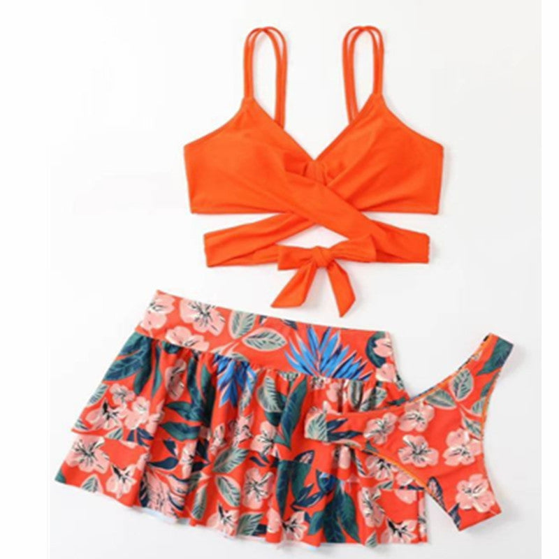 Maillot de bain trois pièces imprimé dos nu taille haute