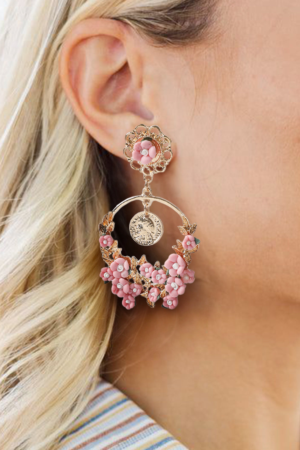 Boucle d'oreille goutte d'eau rose Boho Flower Vintage