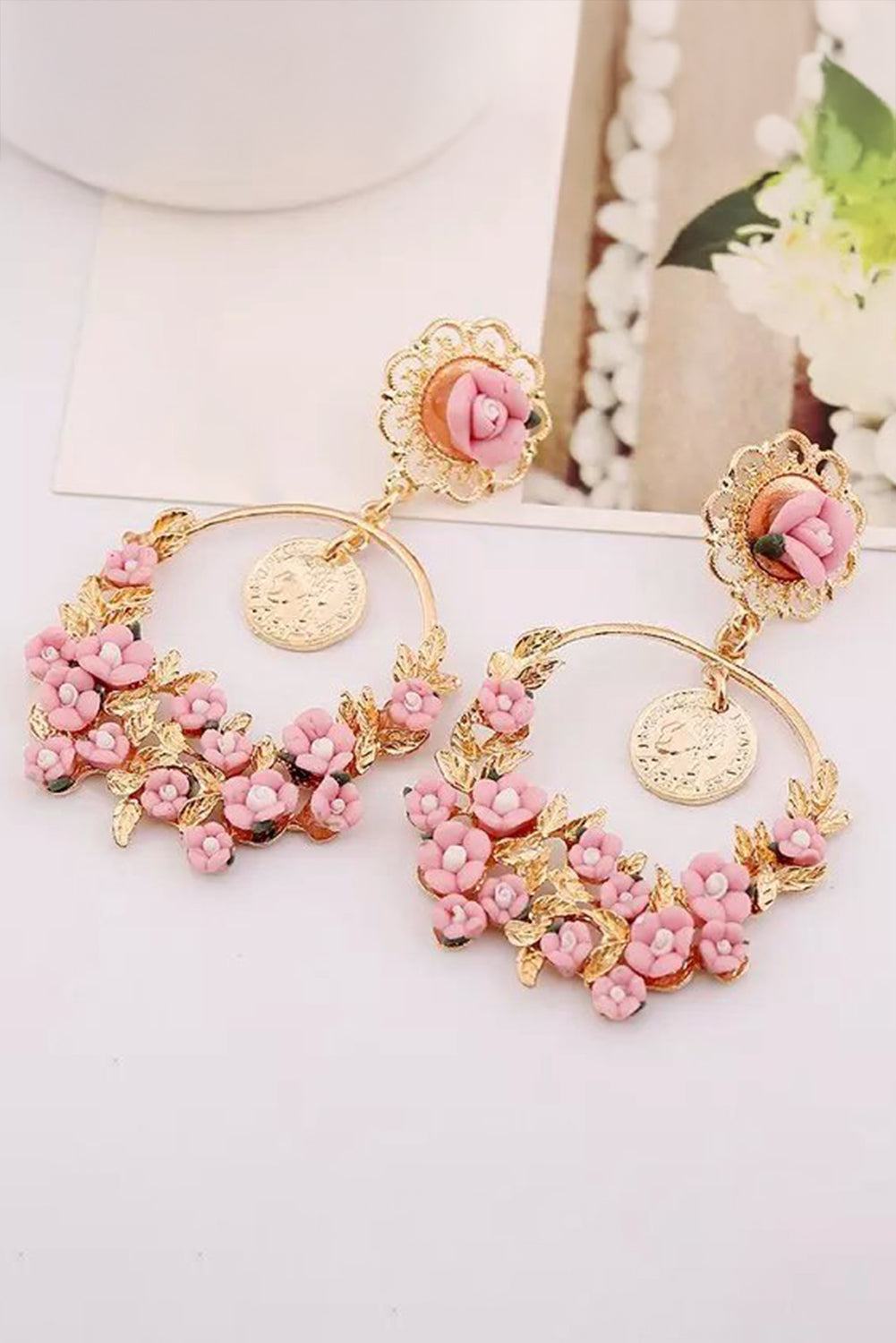 Boucle d'oreille goutte d'eau rose Boho Flower Vintage