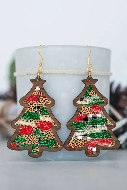 Boucles d'oreilles à crochets en forme d'arbre de Noël en léopard rouge et à carreaux