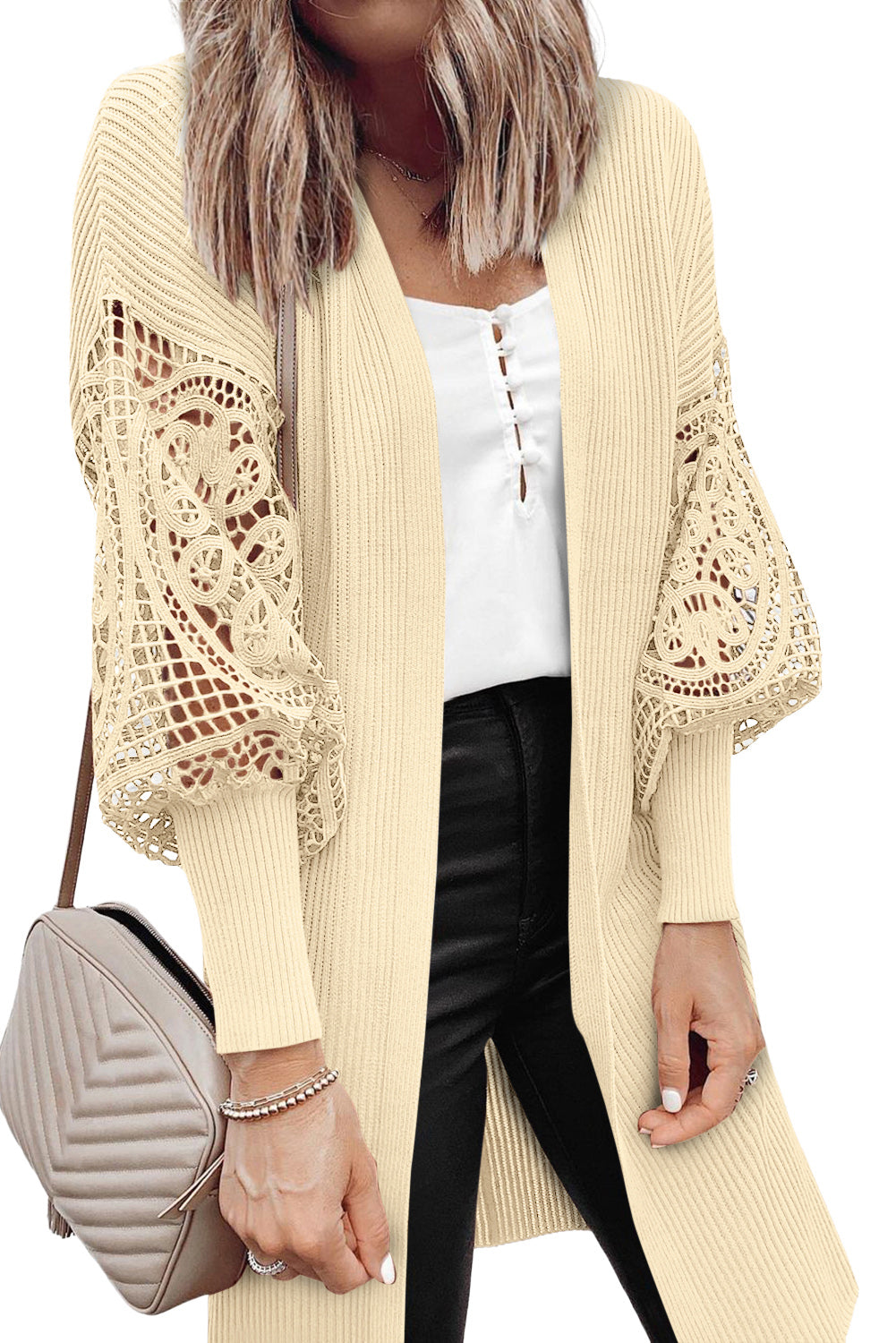 Cardigan Abricot long en tricot côtelé à manches bouffantes en dentelle