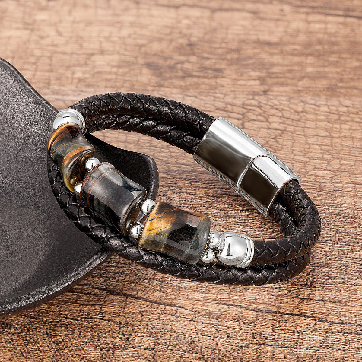 Nouveau Bracelet tressé en cuir avec pierres en bambou et œil de tigre