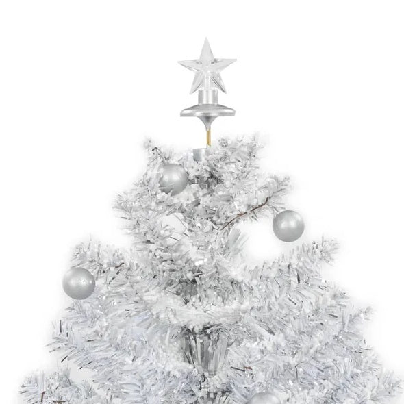 Décoration de noël. Arbre de Noël neigeux avec base de parapluie blanc