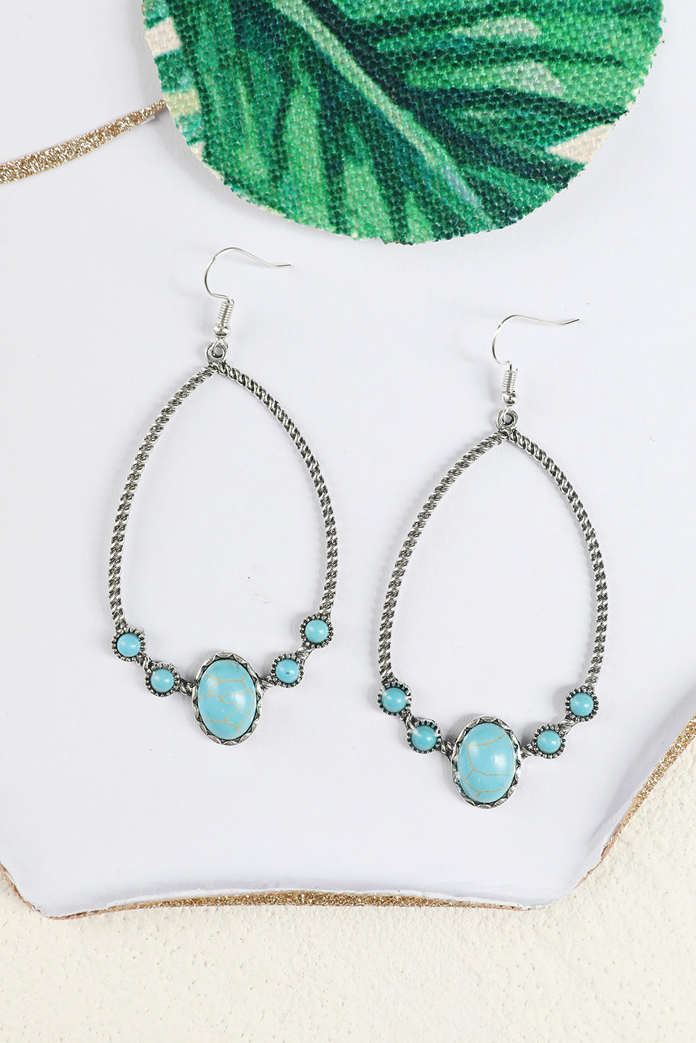 Boucles d'oreilles à crochet en argent et en turquoise, avec goutte d'eau