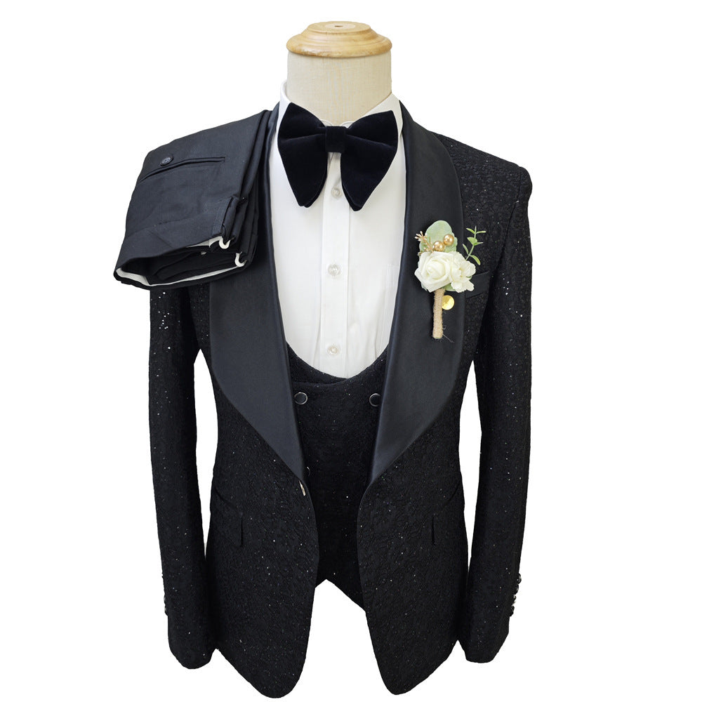 Ensemble de costume noir brillant pour homme, 3 pièces, costumes de mariage en dentelle pour garçons d'honneur