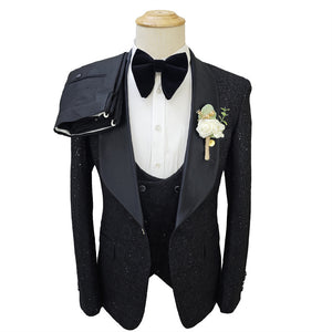 Ensemble de costume noir brillant pour homme, 3 pièces, costumes de mariage en dentelle pour garçons d'honneur