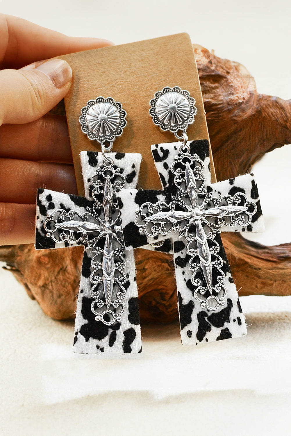 Boucles d'oreilles pendantes Vintage Faith Cross à pois argentés