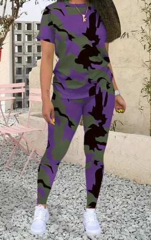 Ensemble T-shirt imprimé à col rond et legging pour femmes