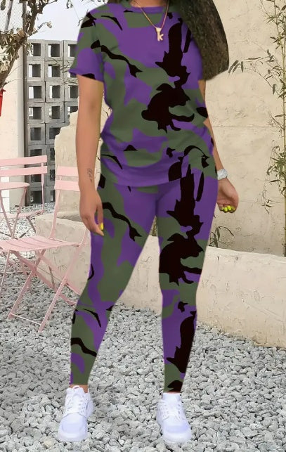 Ensemble T-shirt imprimé à col rond et legging pour femmes