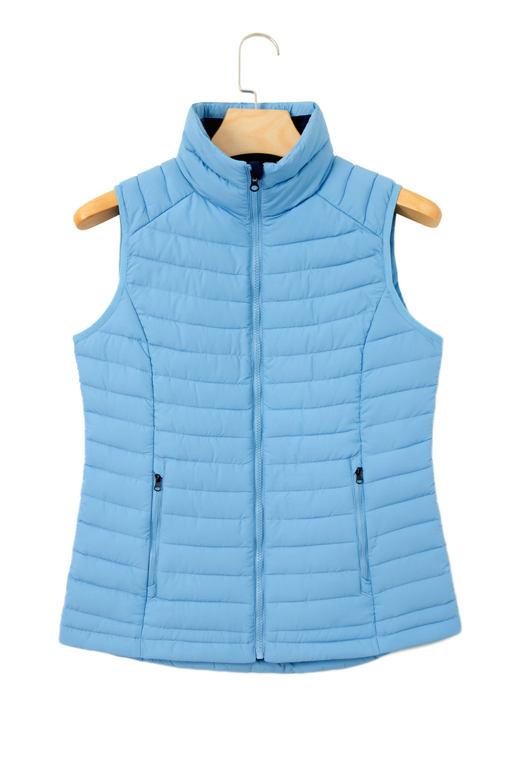 Gilet polaire bleu ciel à col en peluche matelassé et zippé