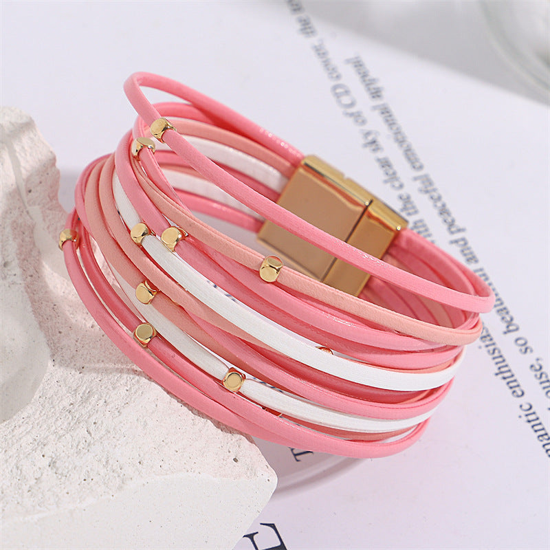 Bracelet vintage en cuir souple avec perles pour femme