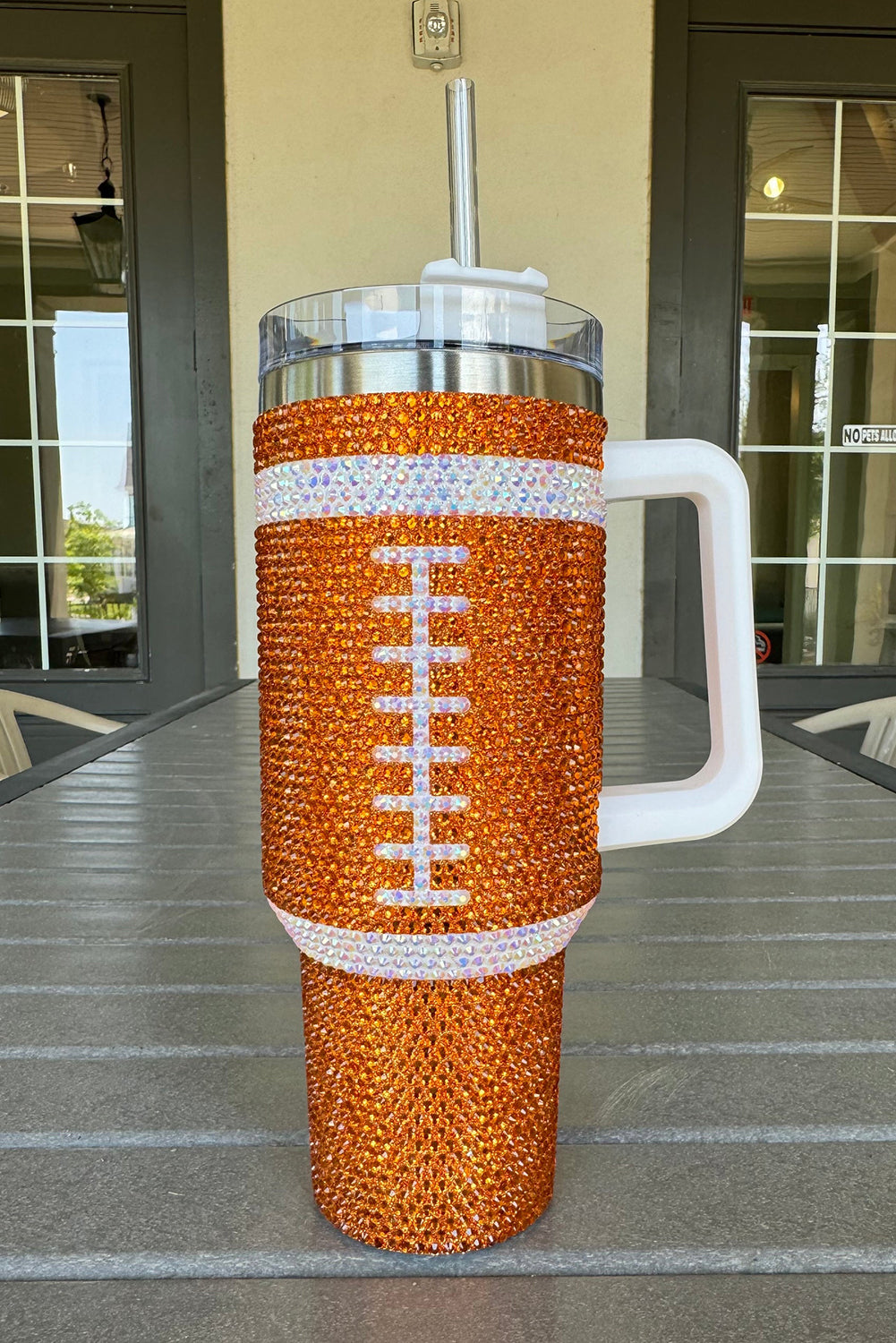 Tasse à vide Orange 40oz Rhinestone Rugby Football Handle Vacuum Cup