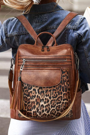 Sac à dos fonctionnel en cuir PU Coffee Leopard Patchwork