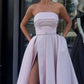 Robe de soirée longue en satin simple avec fente haute et fermeture éclair, sans bretelles