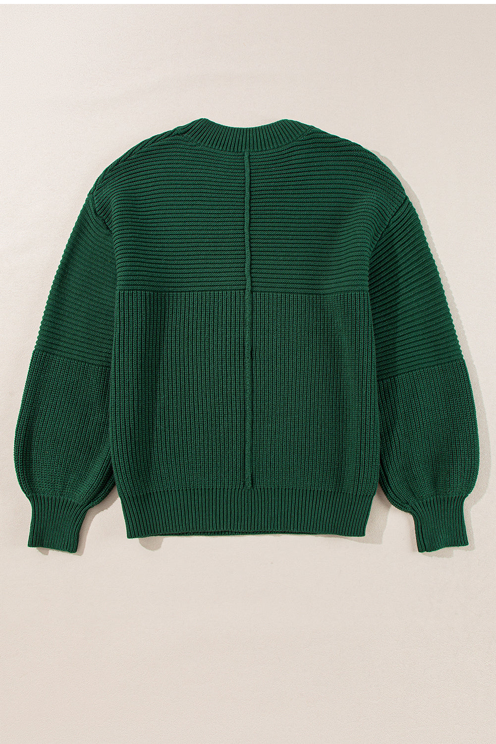 Pull à col ras du cou en tricot texturé vert noir avec manches lanternes