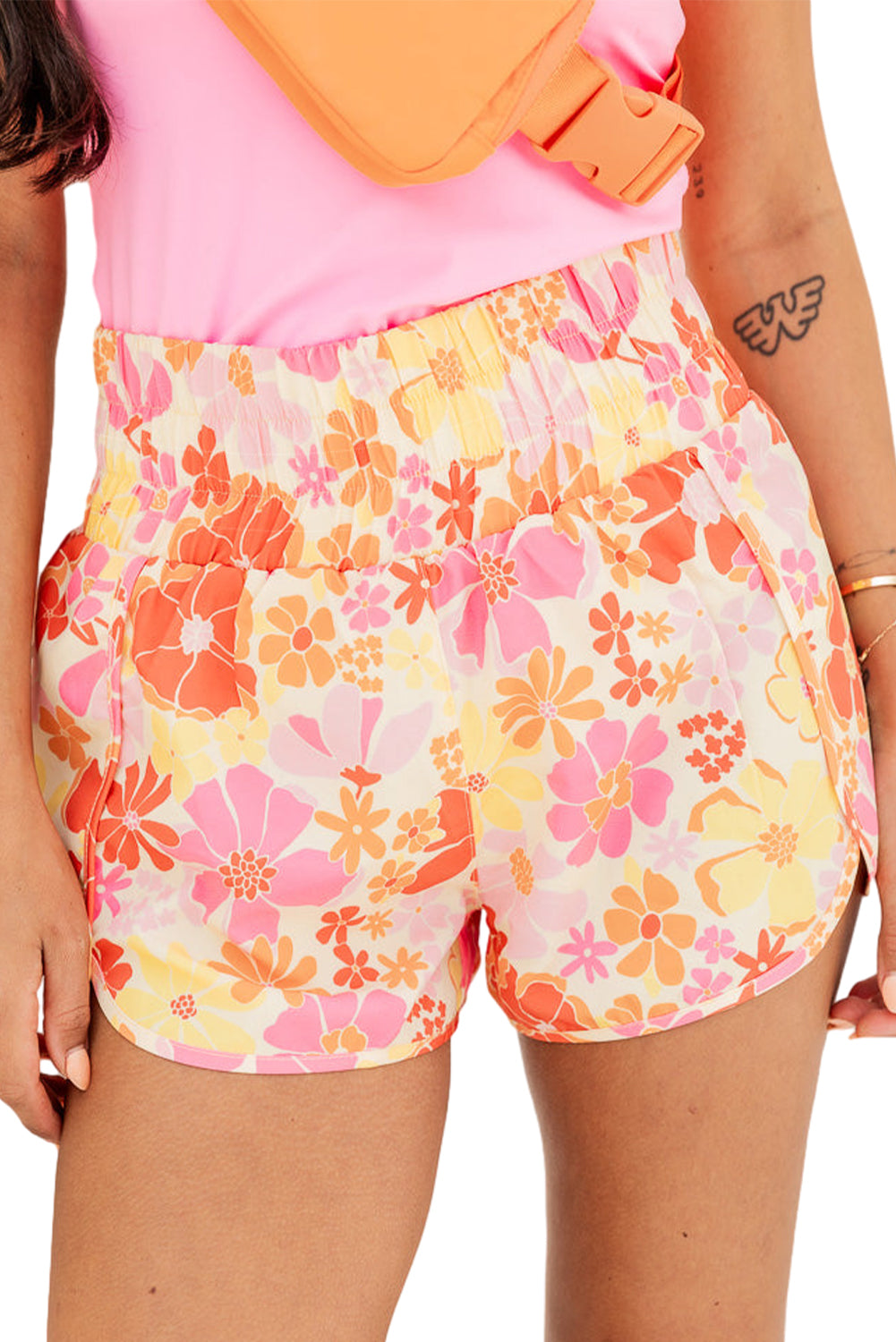 Short d'athlétisme taille haute à motif floral rétro orange