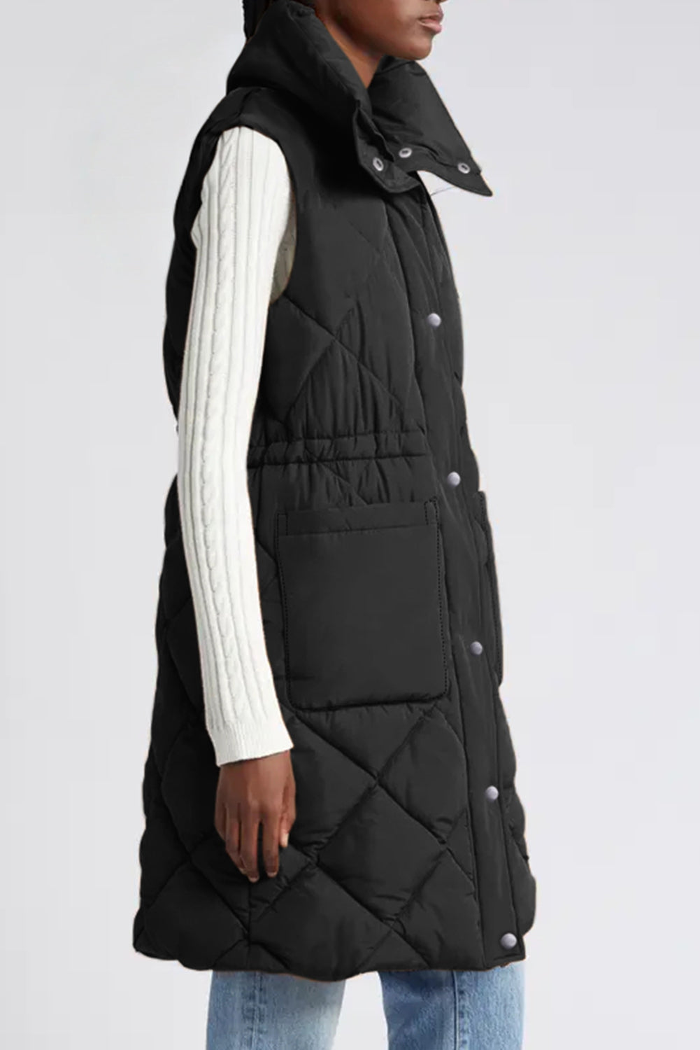 Manteau bouffant matelassé noir avec col montant et gilet à poches