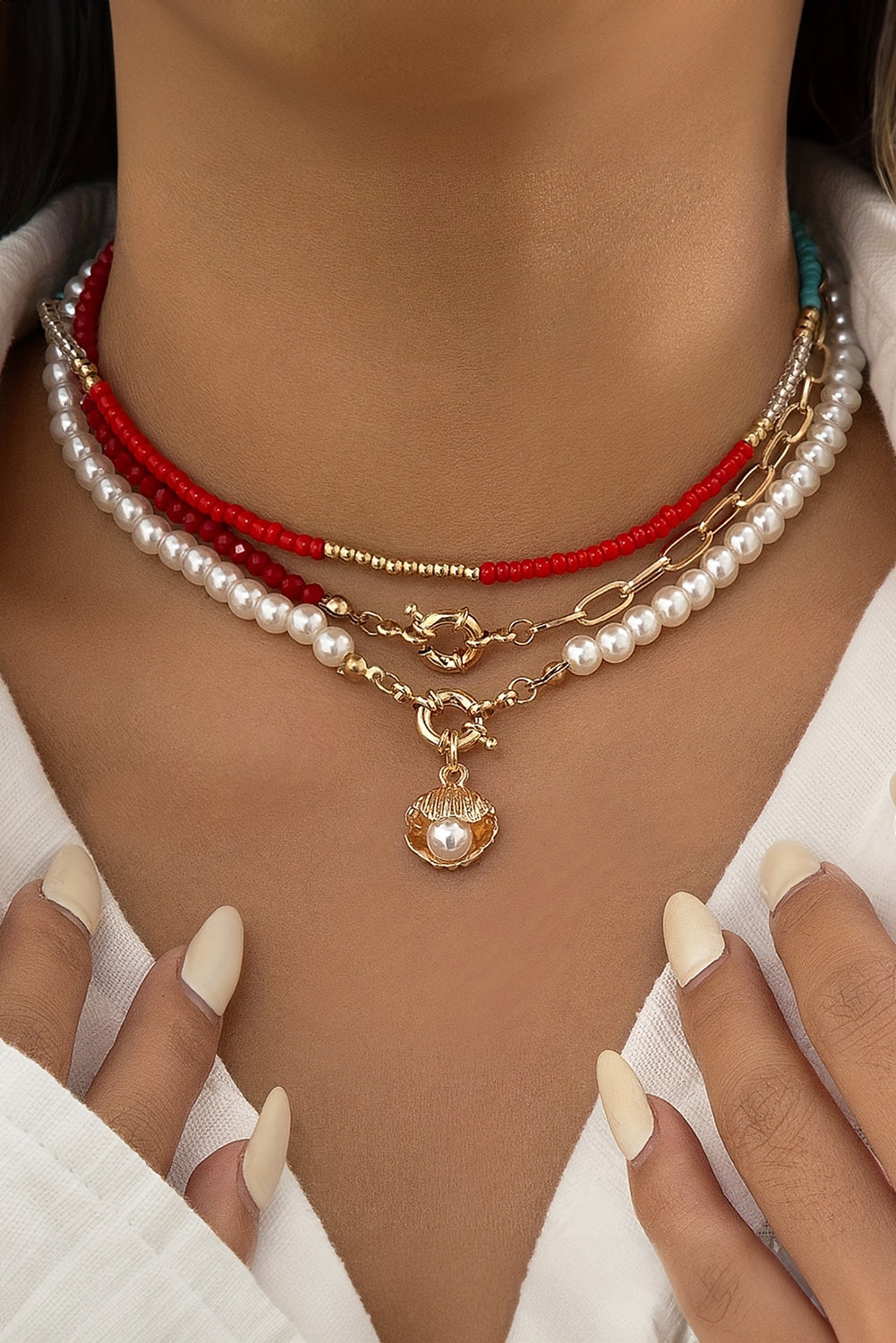 Collier de perles avec pendentif en forme de coquillage rouge flamboyant, réglable et superposé