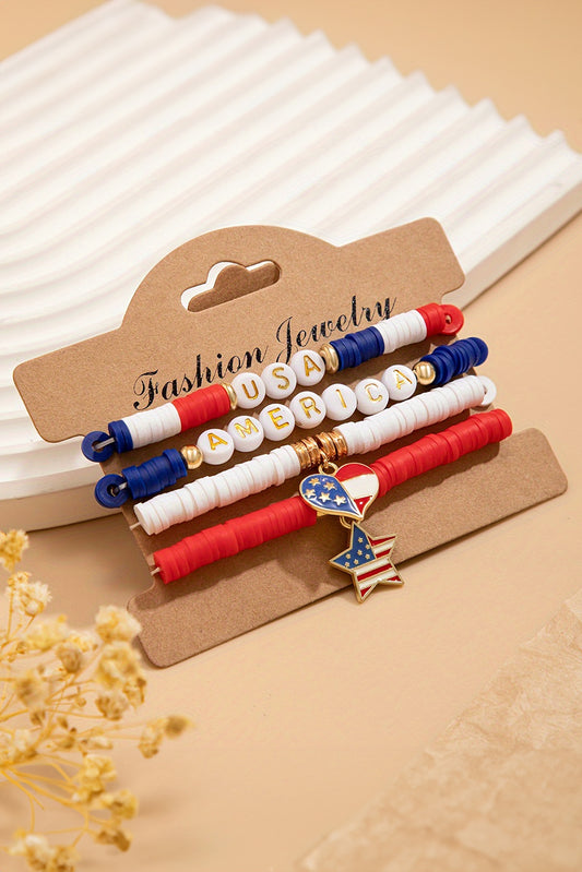 Bracelet 4 pièces bleu foncé avec drapeau américain, étoile et coeur