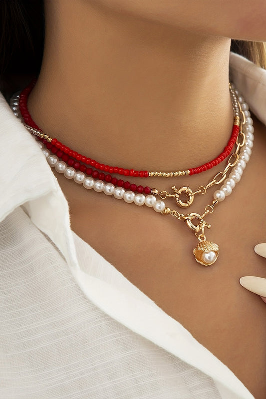 Collier de perles avec pendentif en forme de coquillage rouge flamboyant, réglable et superposé