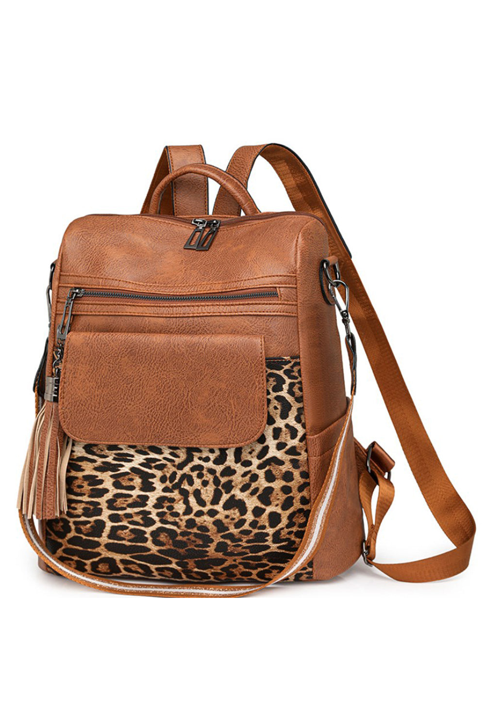 Sac à dos fonctionnel en cuir PU Coffee Leopard Patchwork