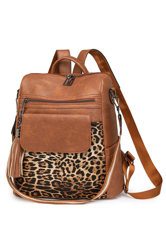 Sac à dos fonctionnel en cuir PU Coffee Leopard Patchwork