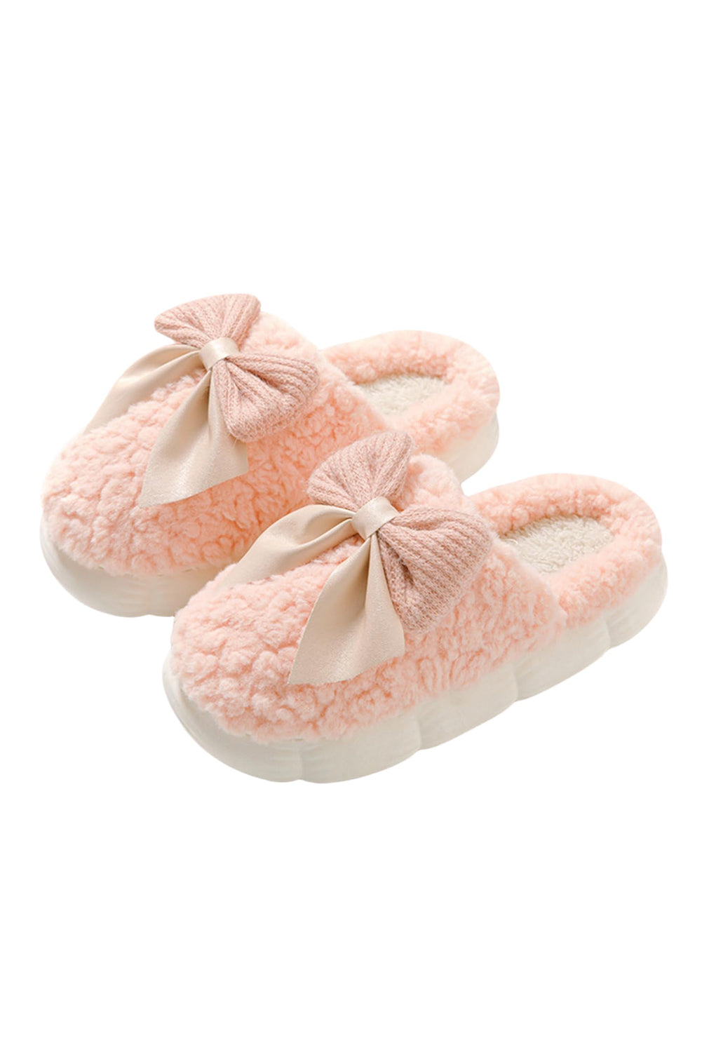 Chaussons d'hiver en peluche à nœud contrasté blanc