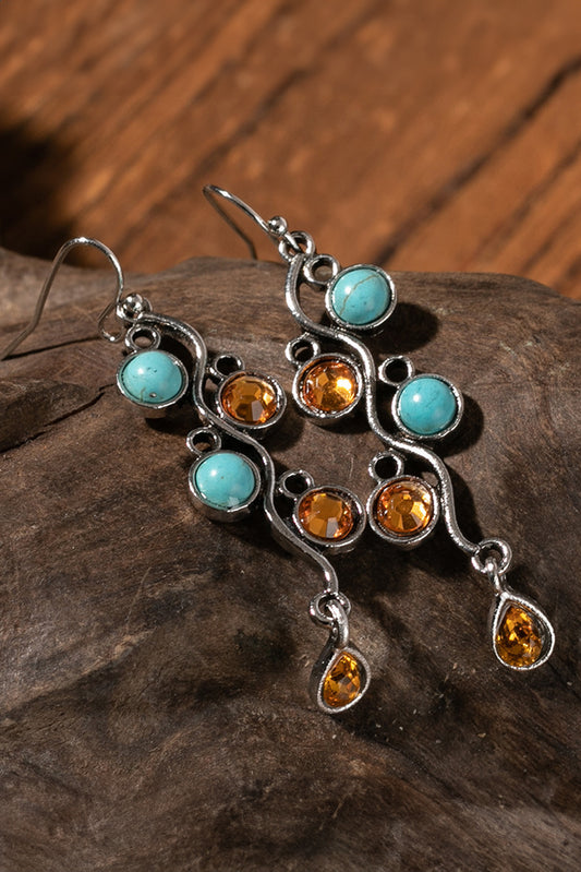 Boucles d'oreilles pendantes en alliage argenté avec turquoise et strass