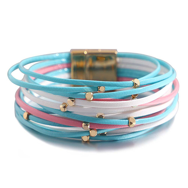 Bracelet vintage en cuir souple avec perles pour femme
