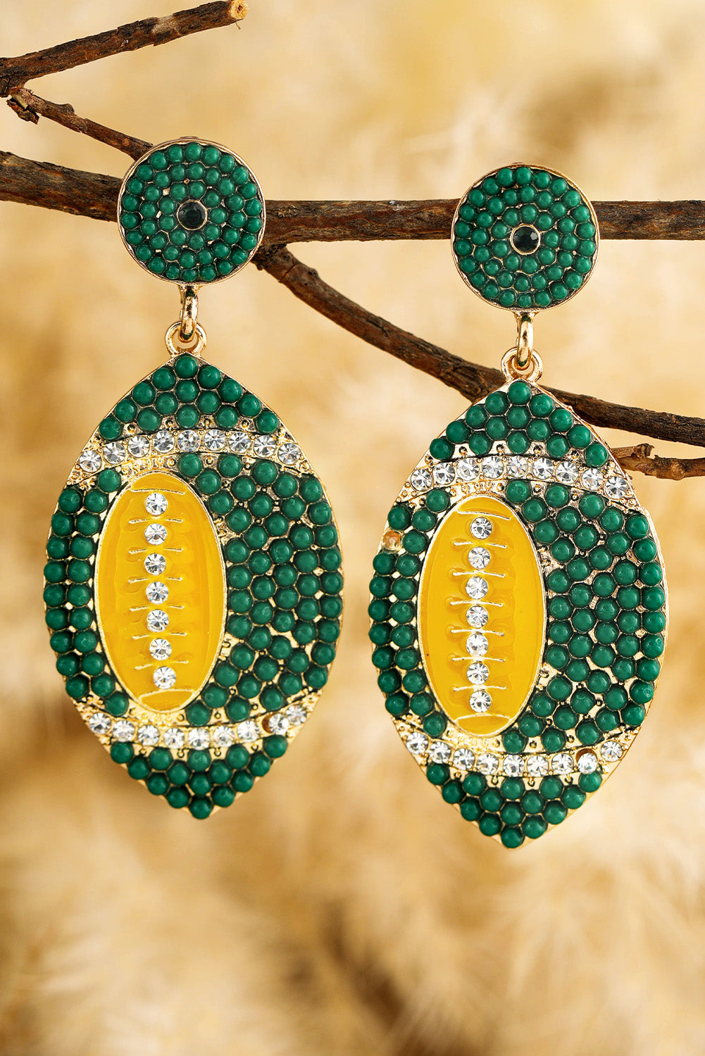 Pendants d'oreilles Rugby avec perles et strass vert foncé