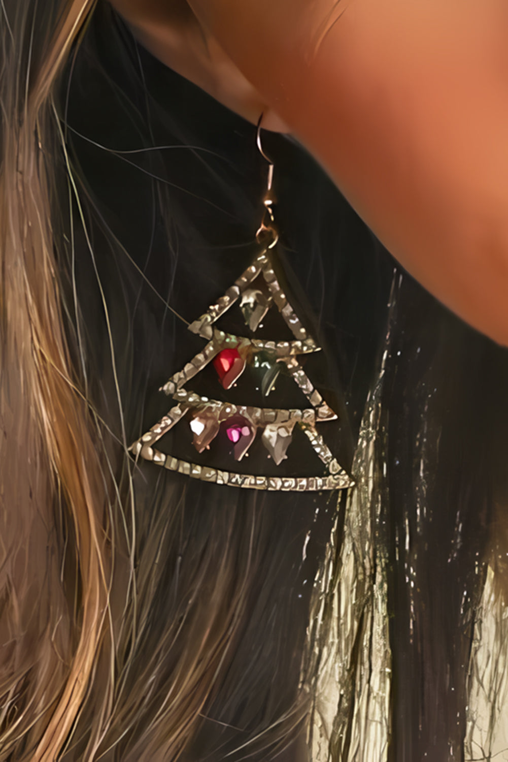 Boucles d'oreilles à crochets en strass avec décor en pierres précieuses en forme d'arbre de Noël