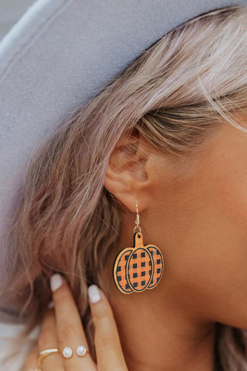 Russet Orange Plaid Print Pumpkin Shape Autumn Drop Earrings