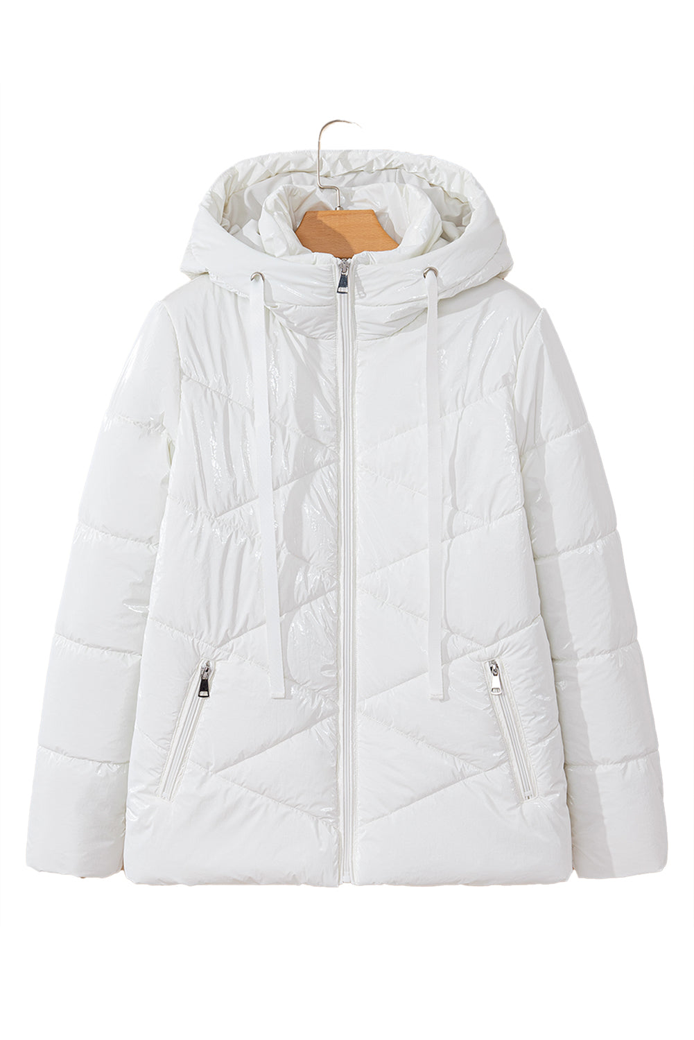 Manteau bouffant matelassé uni blanc avec capuche et fermeture à glissière