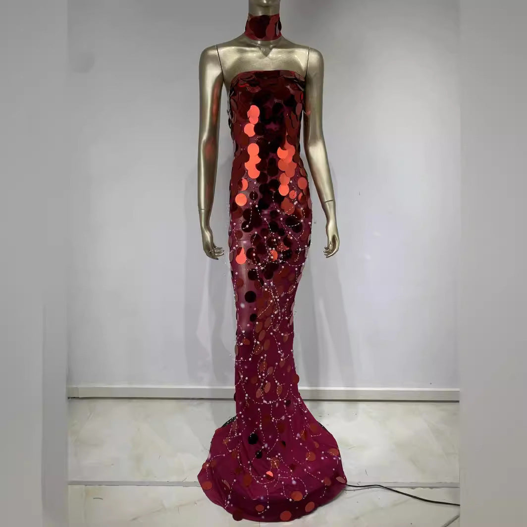Robe tube à paillettes, robe de soirée, de banquet, costume de scène pour passer la serpillière