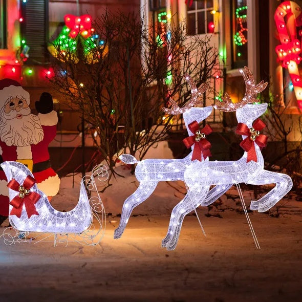 Ensemble 3 pièces éclairé de 2 rennes et traîneaux, décorations de Noël en plein air avec lumières blanches LED 270 pré-éclairées décoration intérieure éclairée,