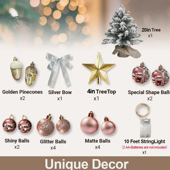 Mini arbre de Noël en or rose avec lumières, neige flocée | décor exquis et décorations de Noël