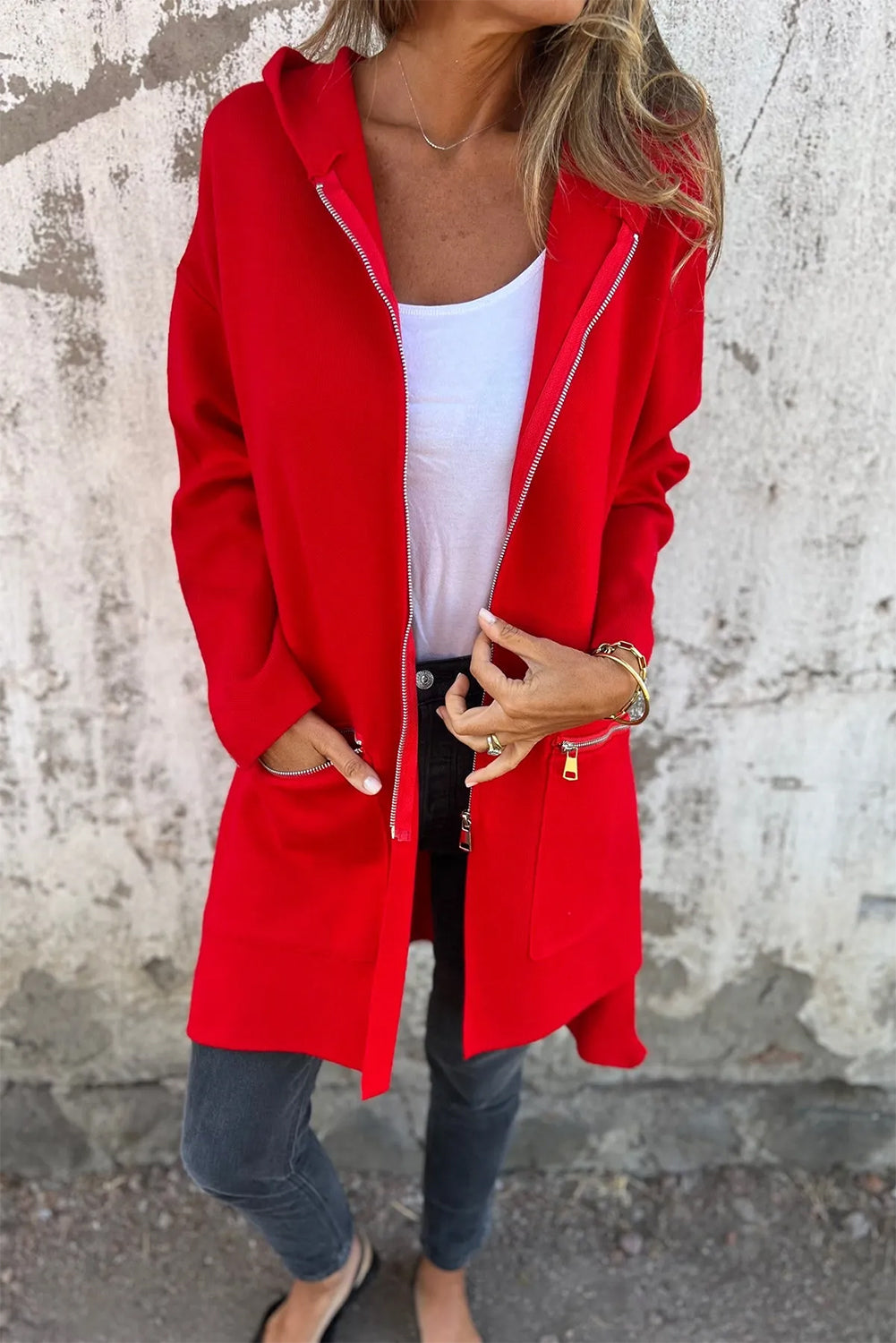 Veste à capuche zippée de couleur unie rouge flamboyant