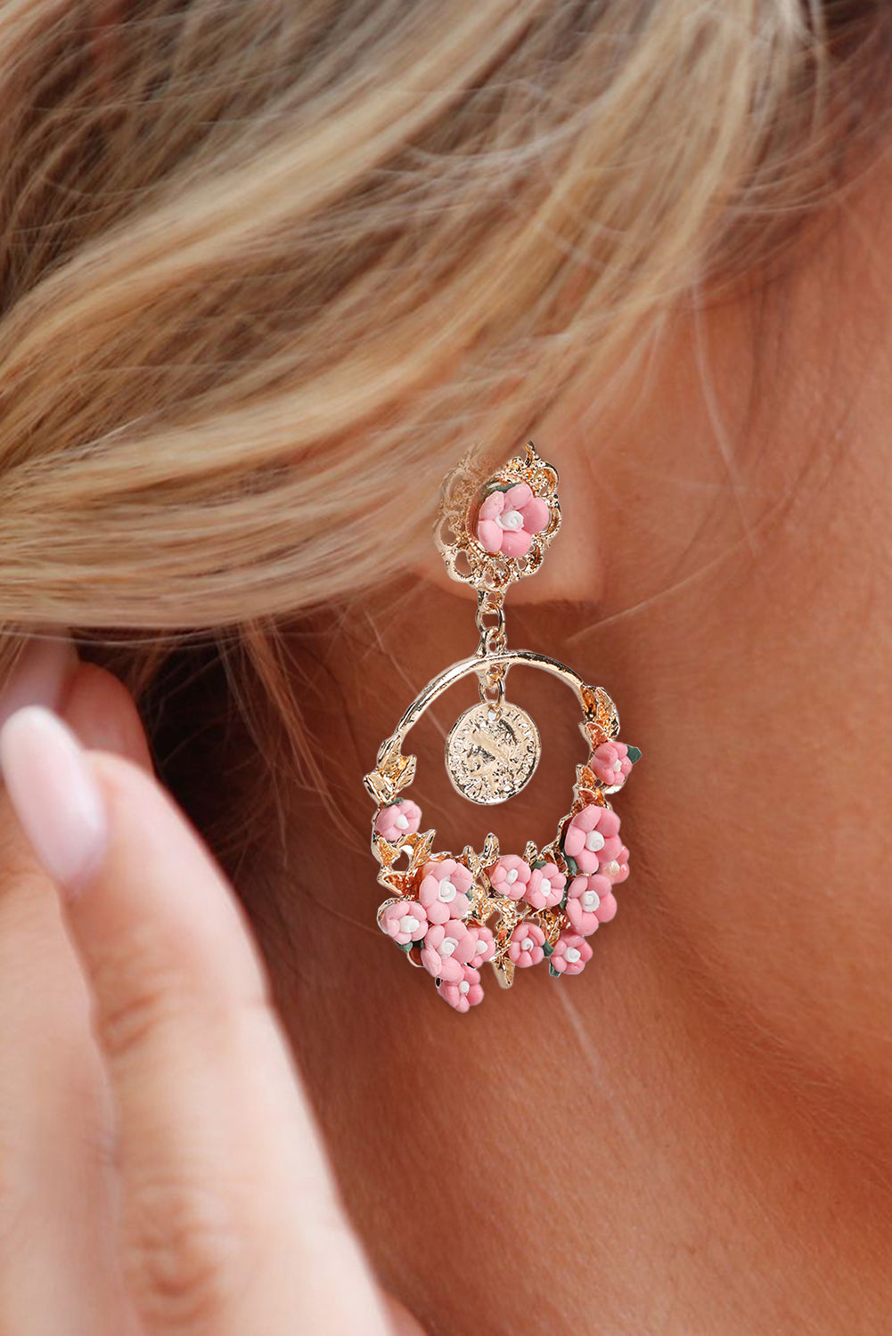 Boucle d'oreille goutte d'eau rose Boho Flower Vintage