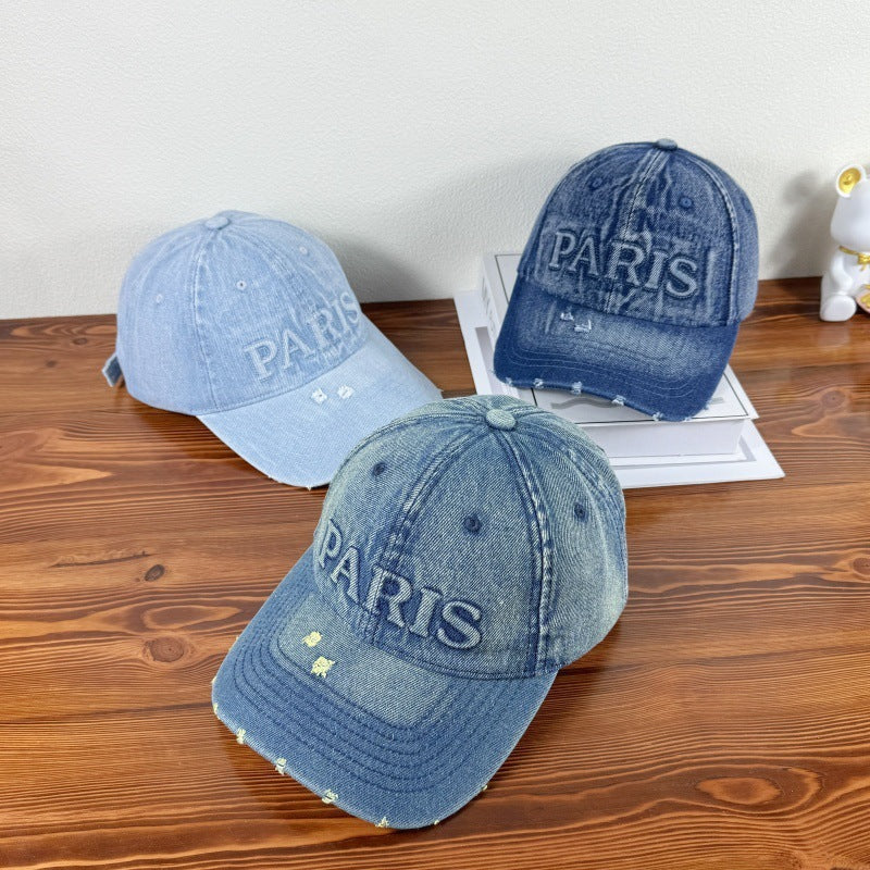 Casquette de baseball en denim délavé avec trou et visière