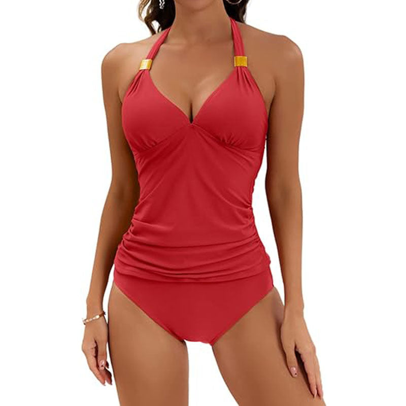 Maillot de bain deux pièces de couleur pure, dos nu, fendu et noué, pour femmes